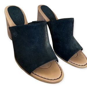 BORN Suede Sandals Black Tan Genuine Leather Chunky Platform Heel Shoes Size 7